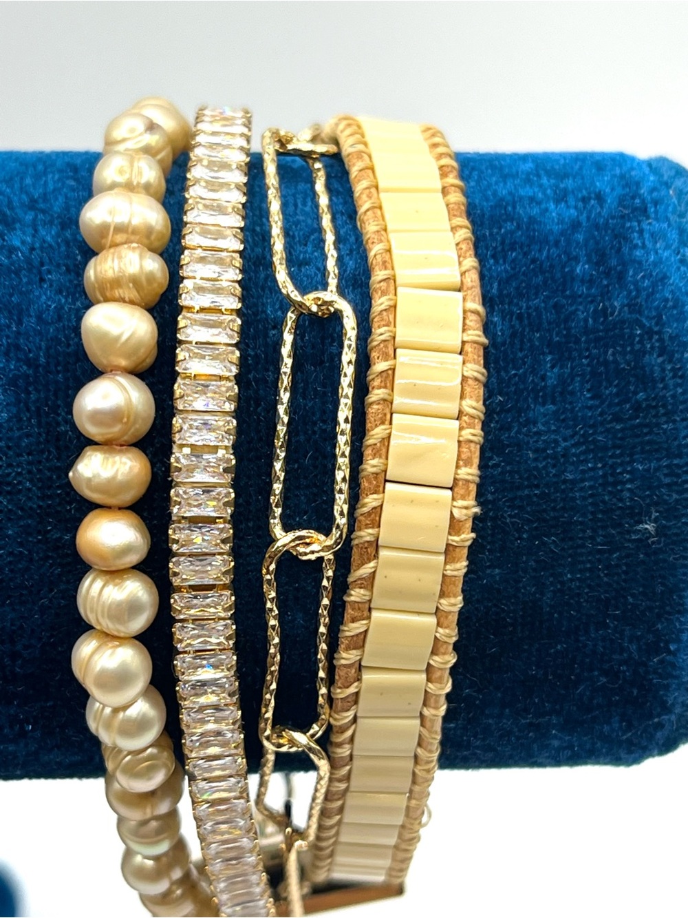 Emerson Gold Multi Strand Pearl Paperclip Rhinestone and Beaded Bracelet Layered